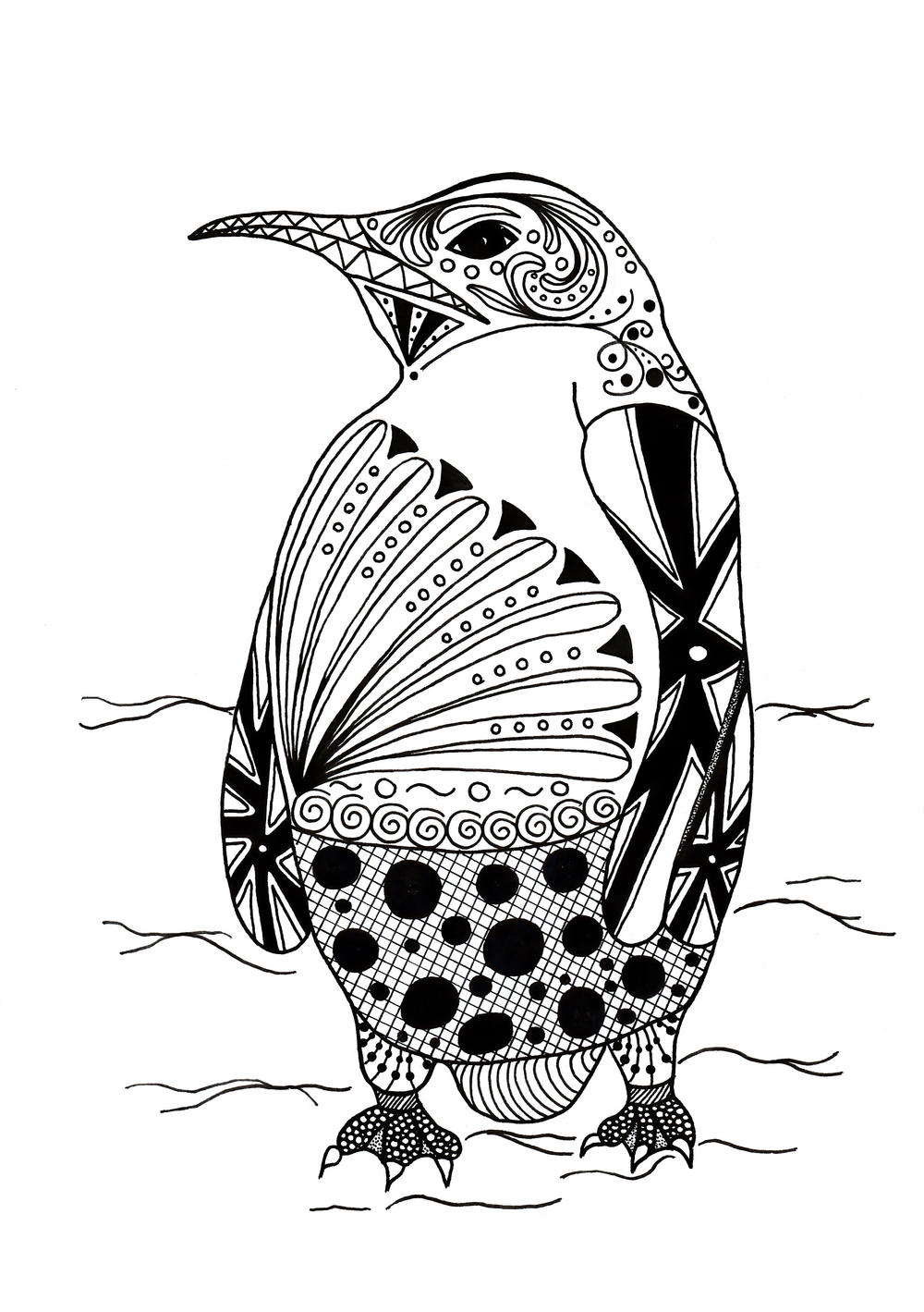 Intricate penguin adult coloring page