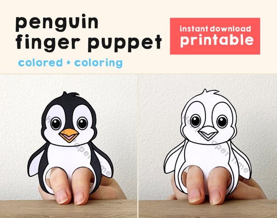 Penguin paper craft printable finger puppet template kids craft activity animal birthday party coloring paper print out instant download download now