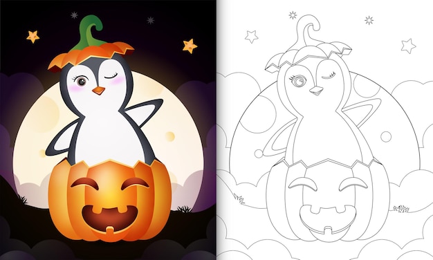 Premium vector coloring book with a cute penguin in the halloween pumpkin