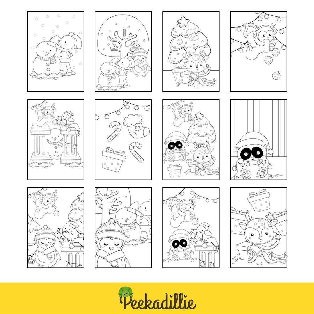 Christmas animals forest bird penguin rabbit panda deer monkey winter snowman holiday cartoon coloring pages for kids and adult