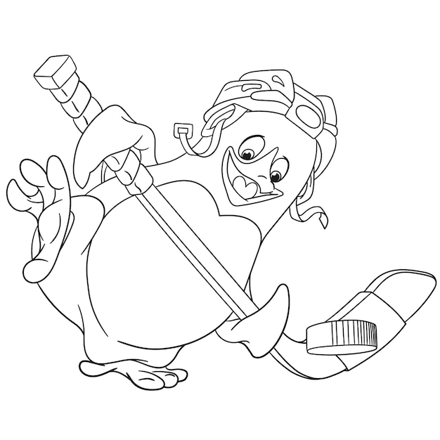 Premium vector baby penguin playing hockey cartoon coloring book page for kids