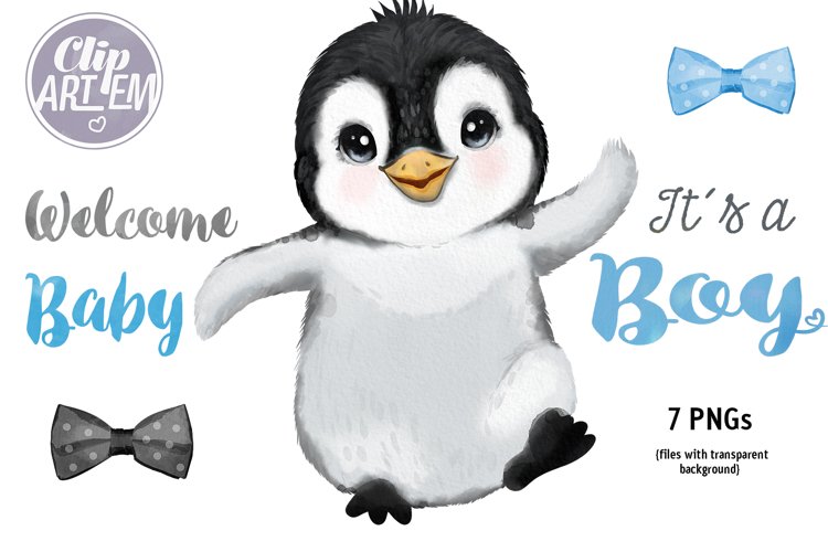 Boy penguin baby shower blue black bow ties watercolor pngs