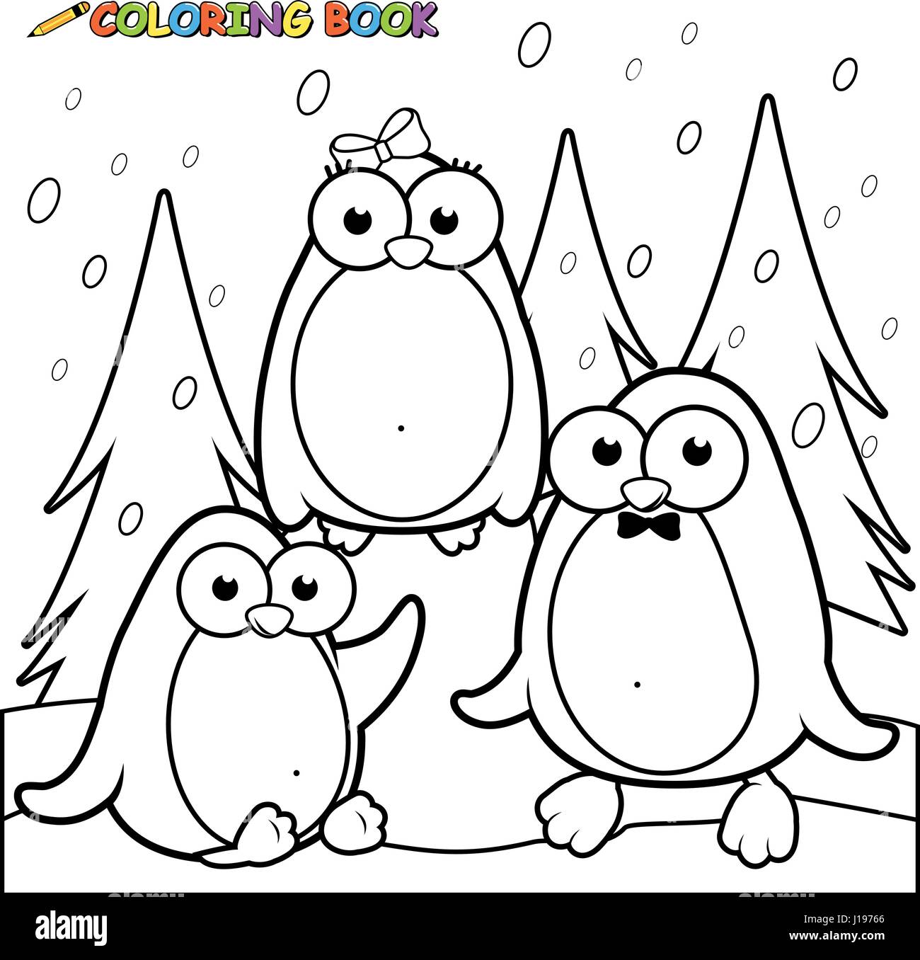 Snowy landscape with penguins on ice black and white coloring page stock vector image art
