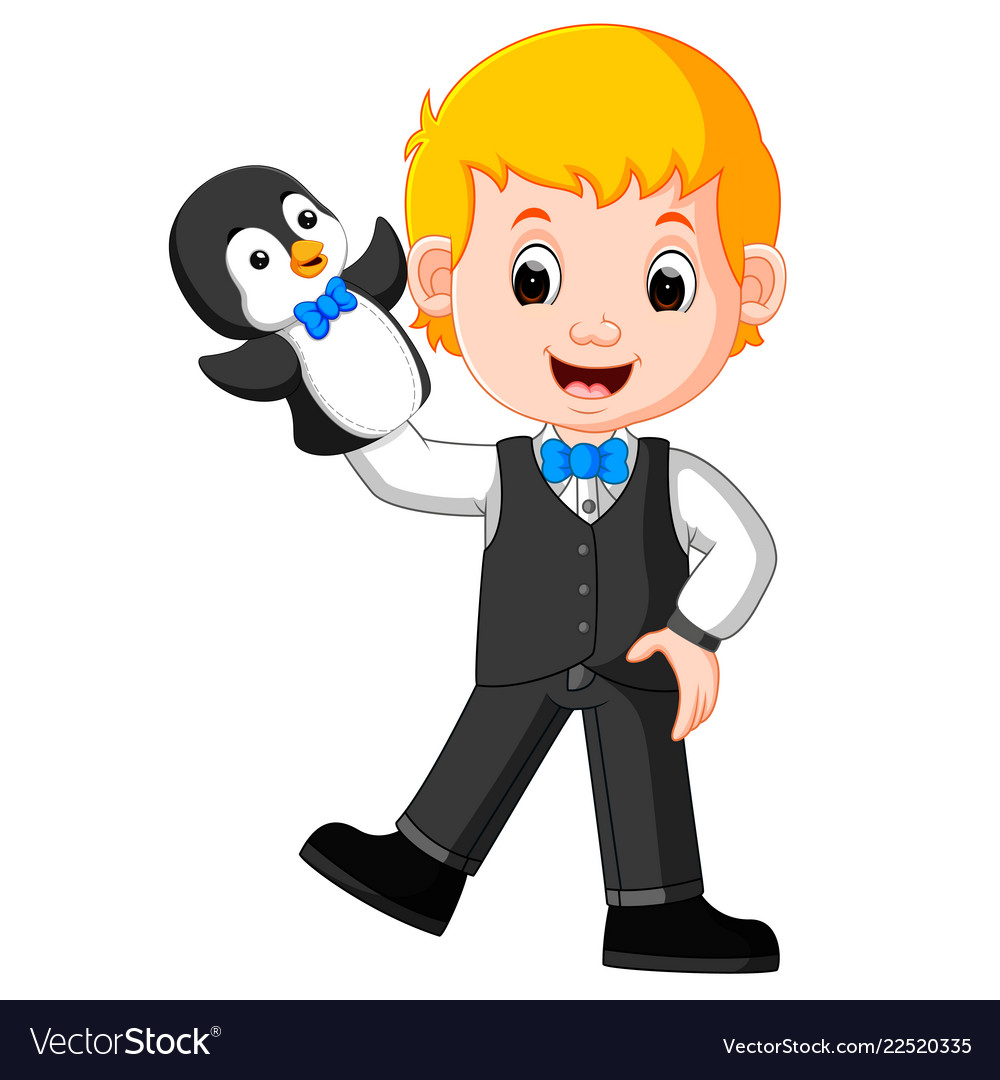 Boy was using penguin puppet with blue bow tie vector image