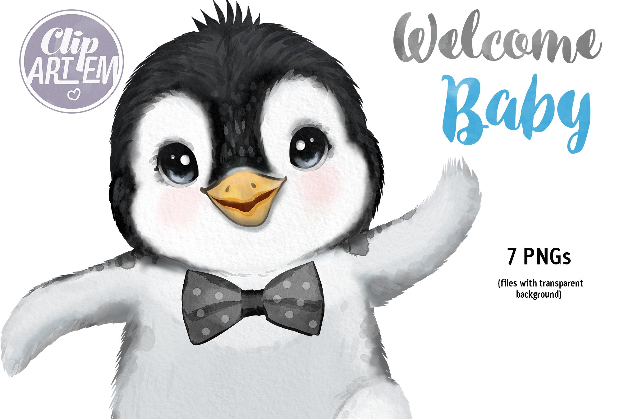 Boy penguin baby shower blue black bow ties watercolor pngs