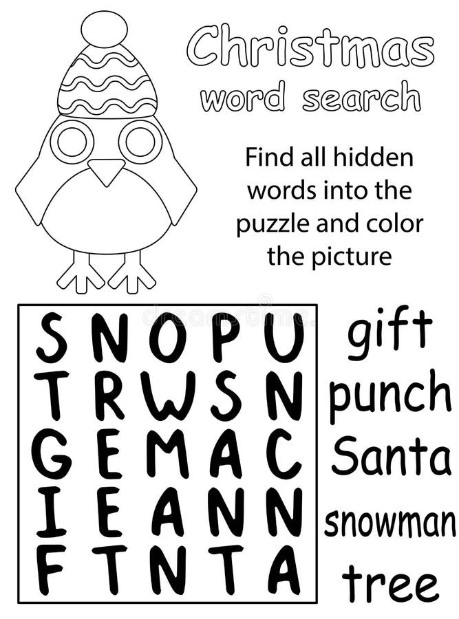Black and white christmas word search puzzle with little penguin vector illustration stock vector