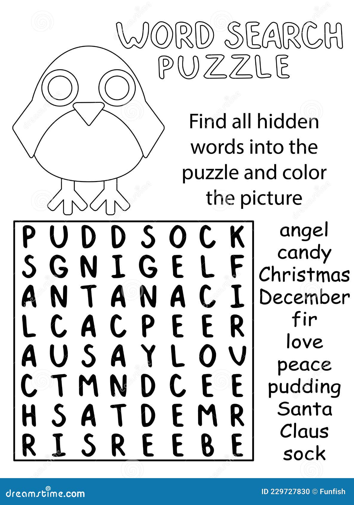 Winter holidays word search puzzle with cute penguin vector illustration stock vector