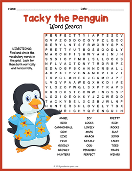 Tacky the penguin word search puzzle worksheet activity by puzzles to print