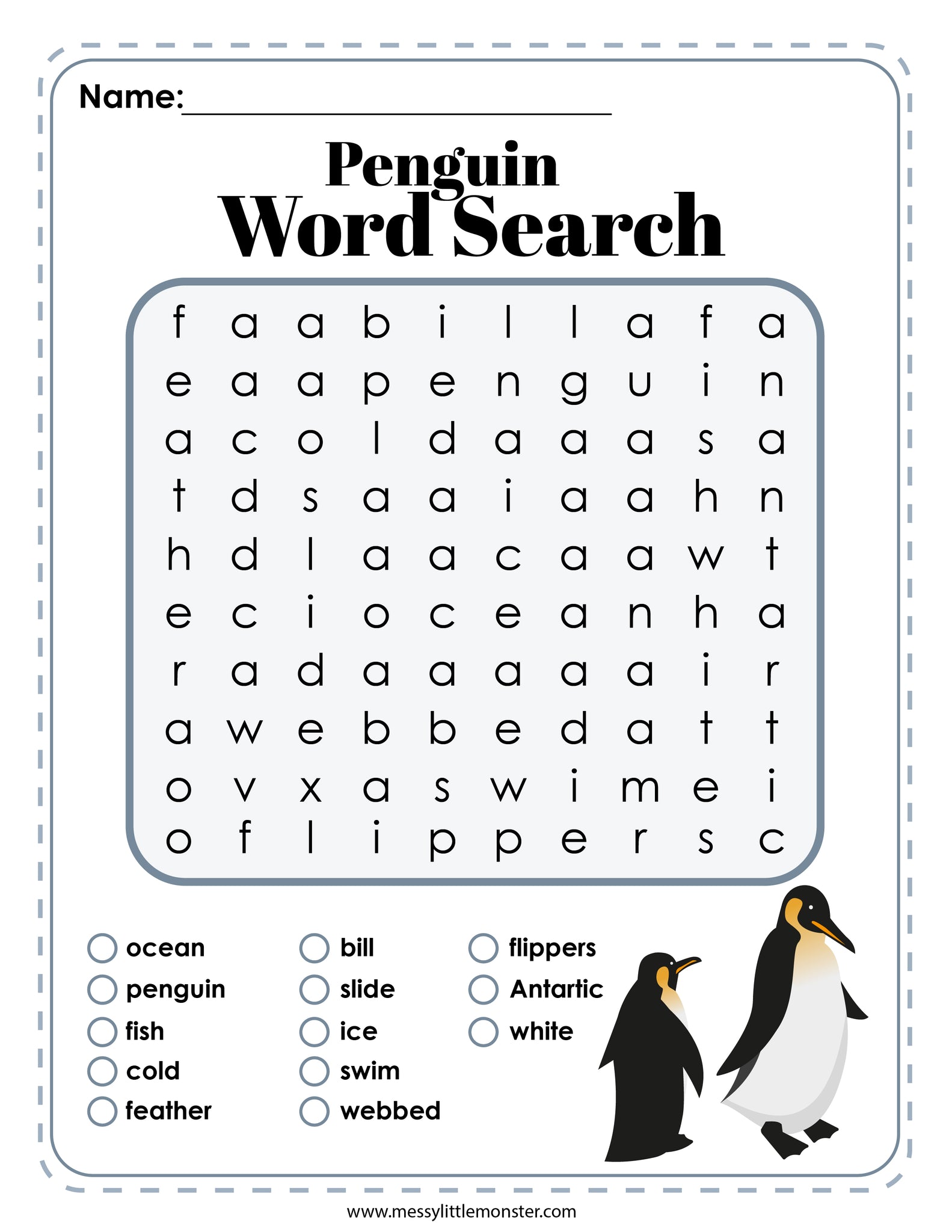 Penguin printable activities â messy little monster shop