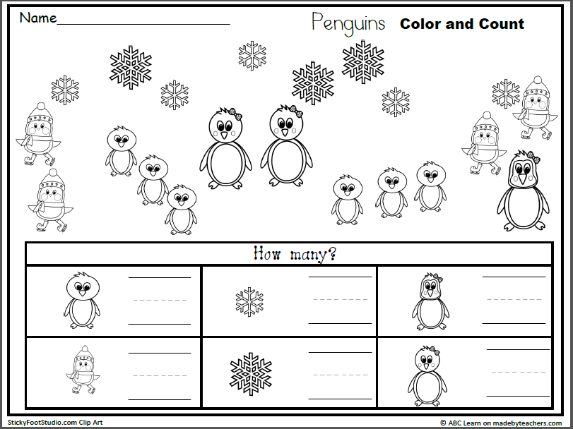 Penguin color and count worksheet for kindergarten made by teachers