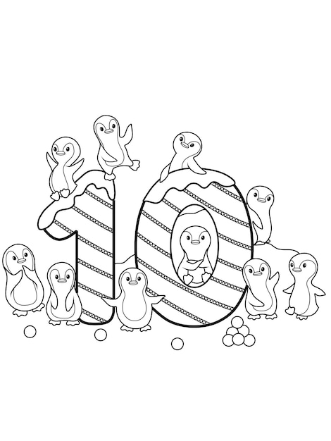 Premium vector coloring page numbers education and fun for childrens printable sheet ten and penguins