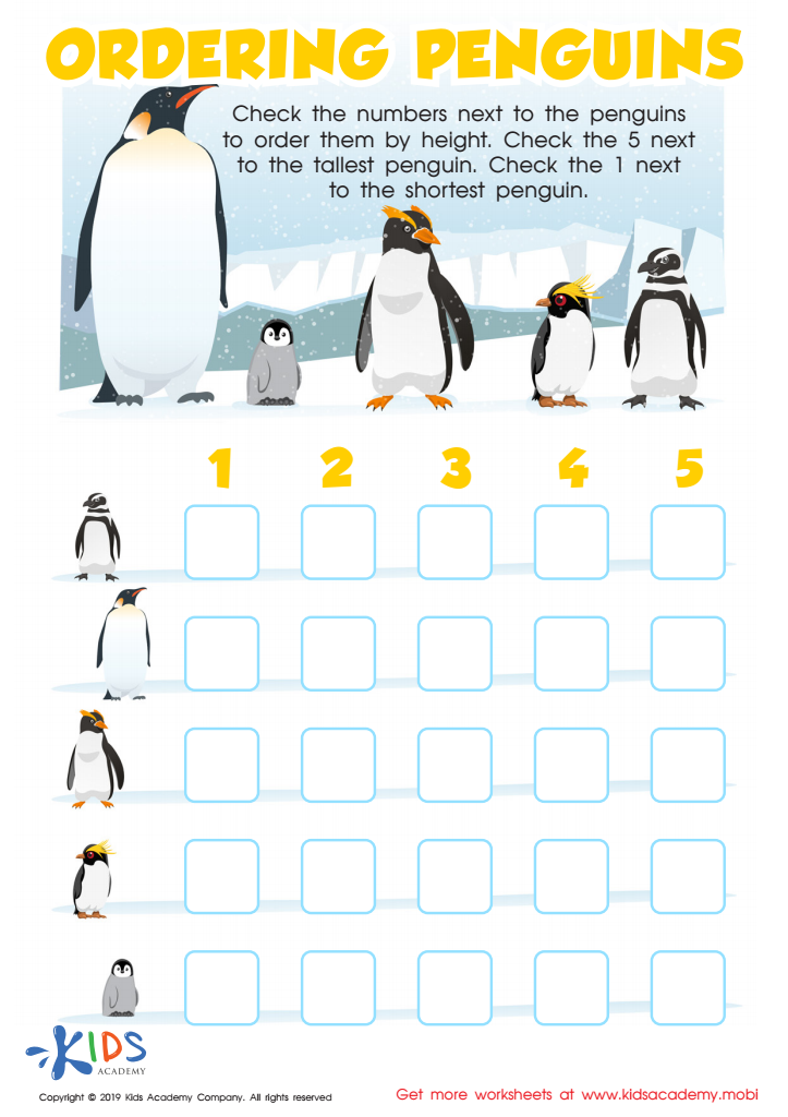 Ordering penguins worksheet for kids