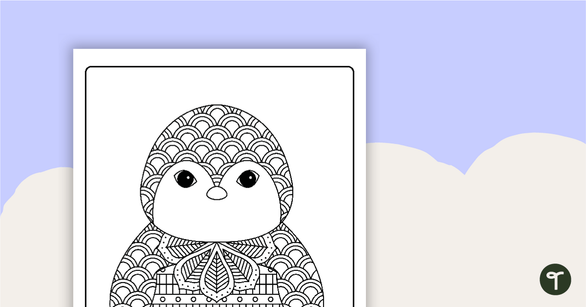 Penguin mindful colouring sheet teach starter