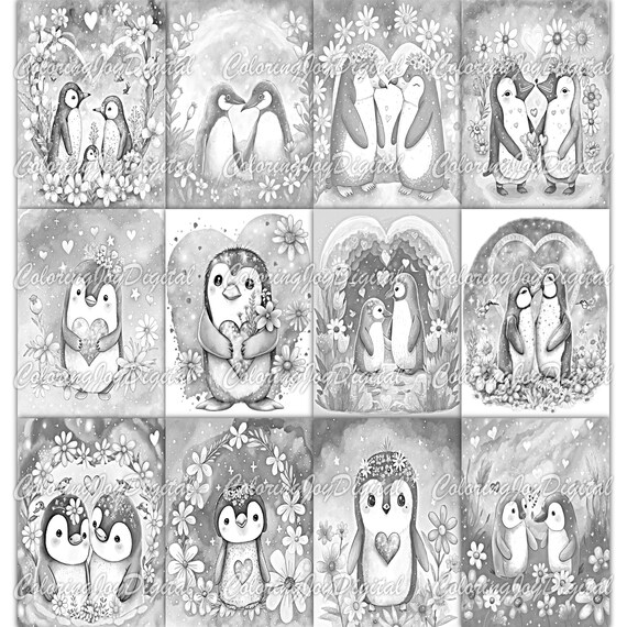Penguins love coloring pages grayscale animal coloring sheet printable adult coloring pages coloring book pdf file digital coloring
