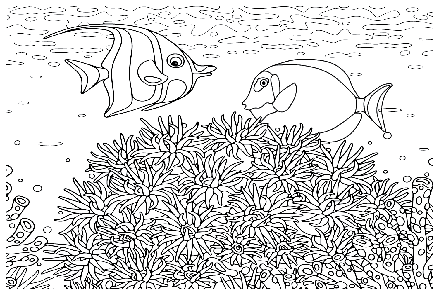 Tang fish and pennant coralfish coloring page
