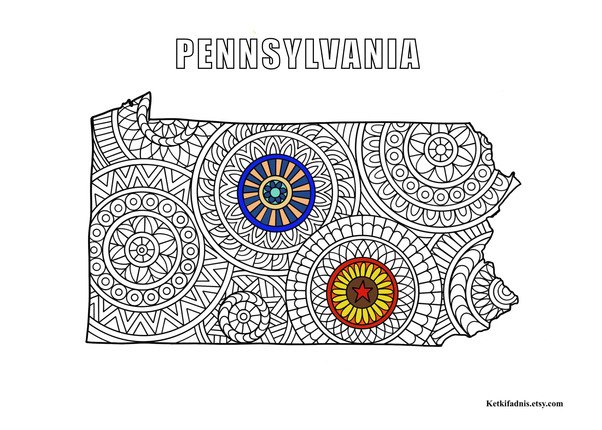 Pennsylvania map colouring page digital download pdf zentangle colouring page