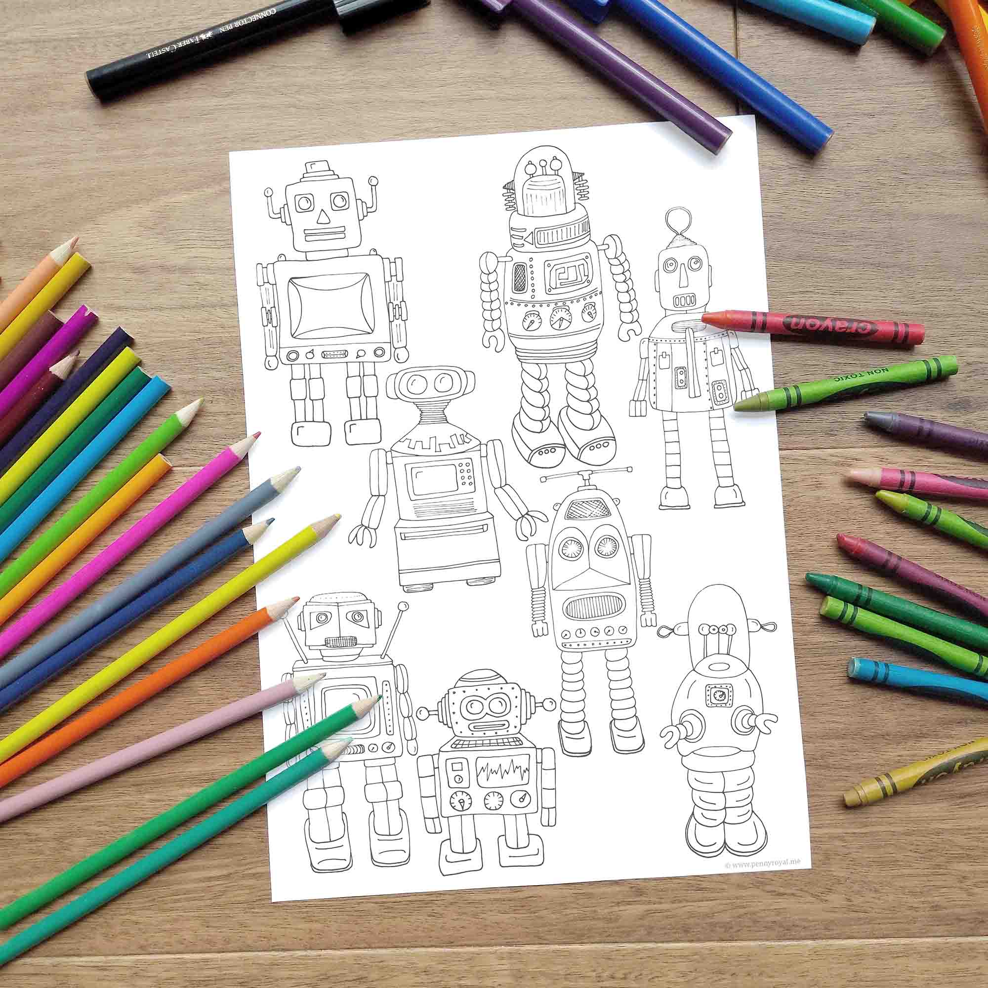 Vintage robots coloring page â digital download