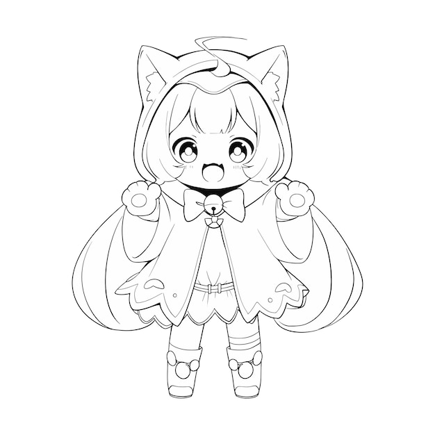 Premium vector coloring page outline of a cute little superhero anime girl