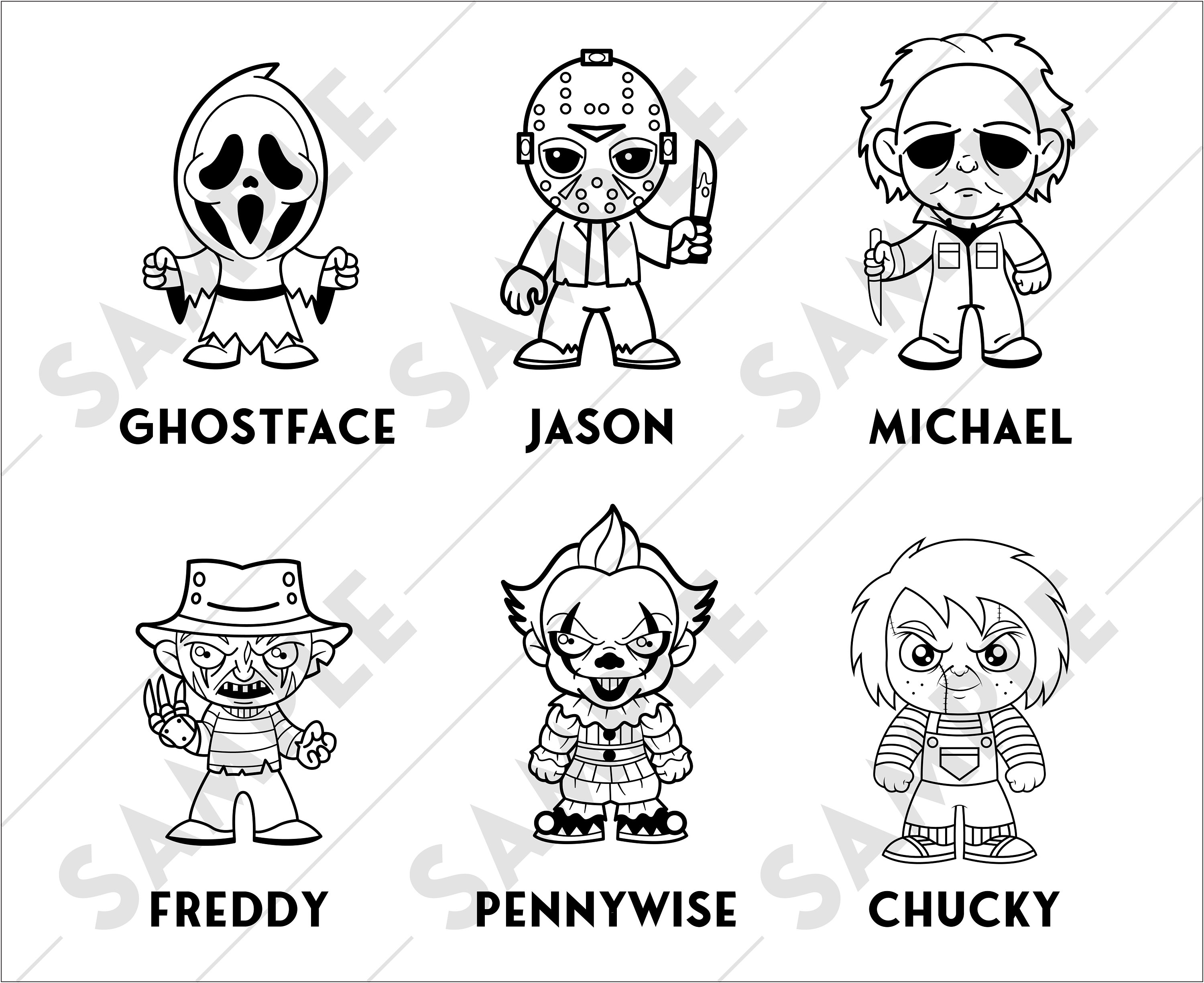 Halloween horror movie killers chibi characters scream jason voorhees michael myers freddy krueger pennywise and chucky