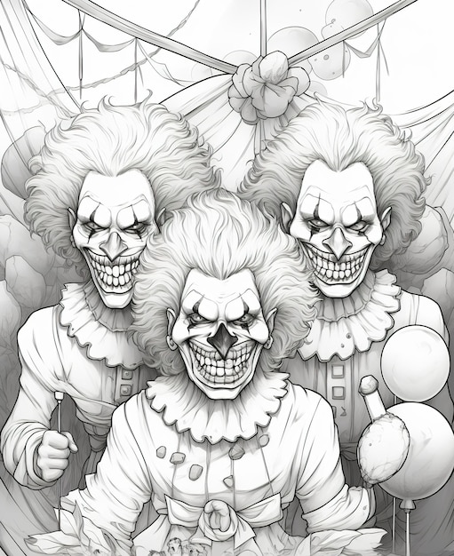 Premium ai image coloring page for adults scary and sarcastic clowns