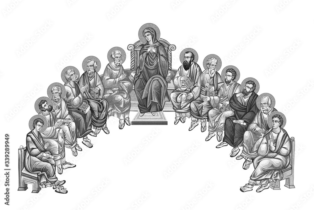 Apostles and virgin maria part of pentecost icon in byzantine style sketch illustration