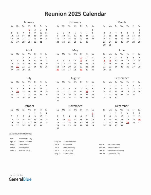 Reunion calendar with holidays