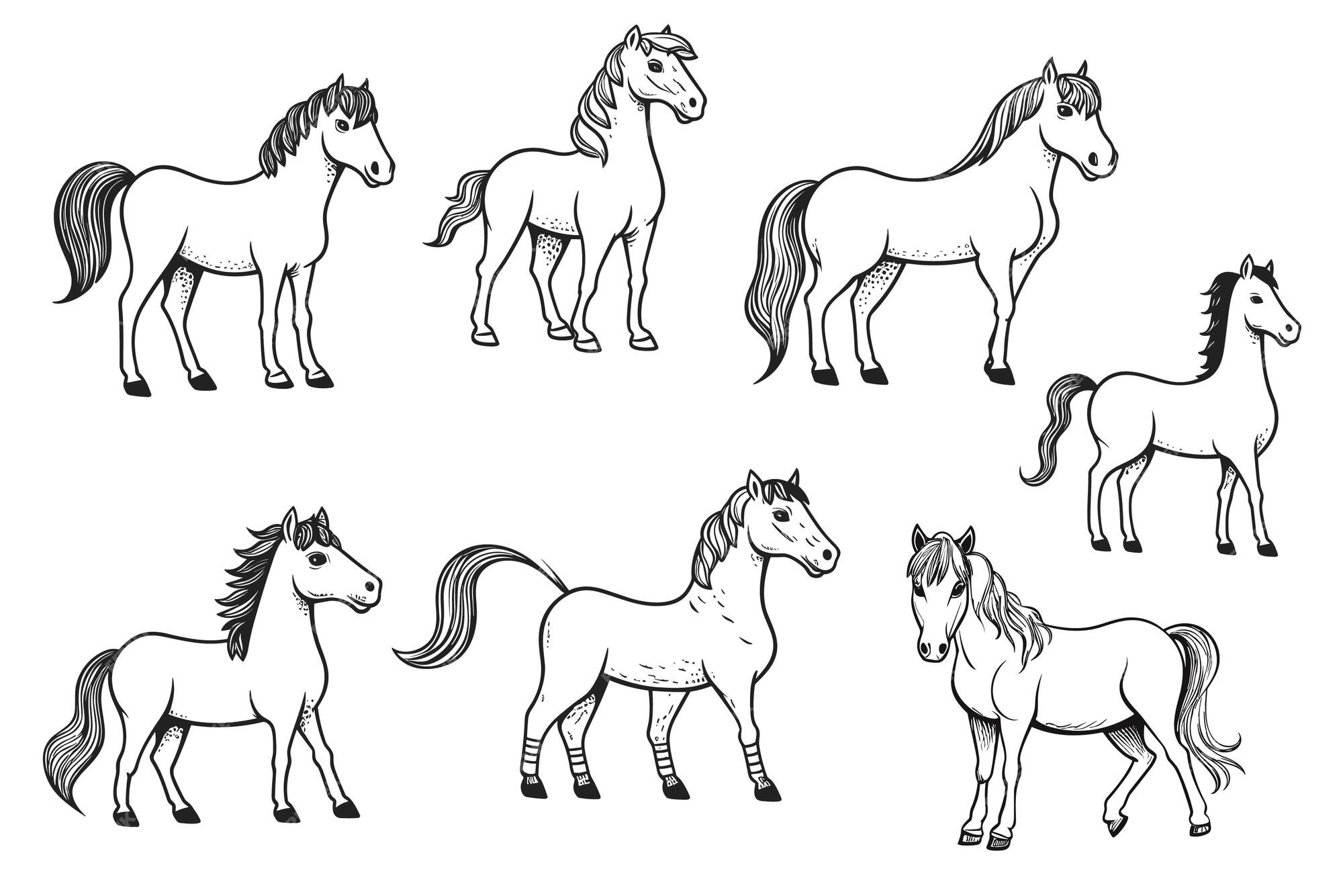 Juego de caballos doodle tilo de boceto dibujado a mano lindo caballo para niãos niãos vector ilustraciãn en pentecostãs vector premium