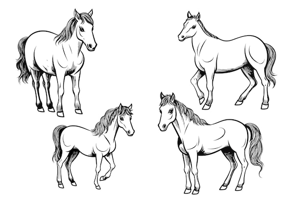 Juego de caballos doodle tilo de boceto dibujado a mano lindo caballo para niãos niãos vector ilustraciãn en pentecostãs vector premium