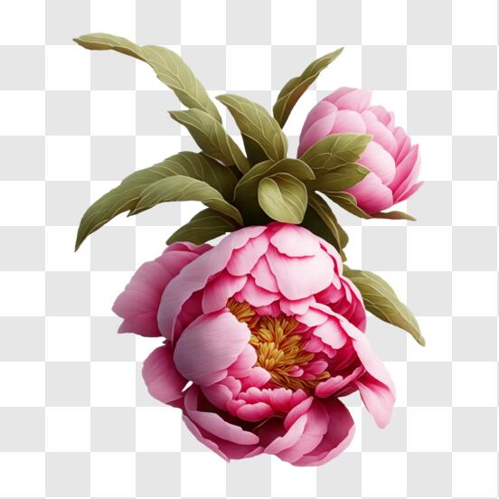Download beautiful pink peony flower with green leaves png online