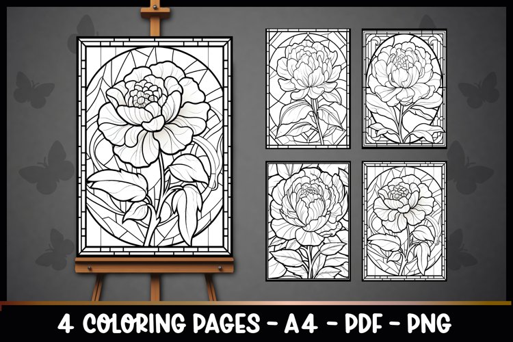 Flowers peonies stained glass coloring book pages