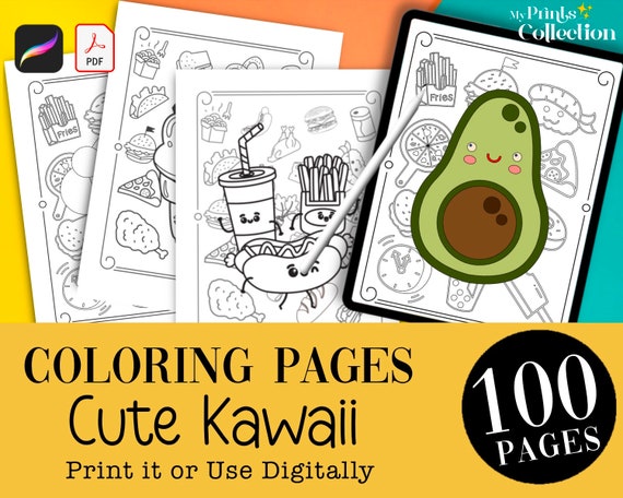 Cute kawaii food coloring book pages pdf printable procreate coloring digital download coloring for adults