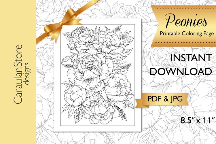 Floral coloring book page peony coloring page jpg pdf