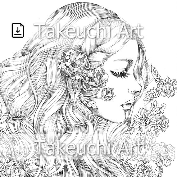Pdf coloring page printable digital art tree peony