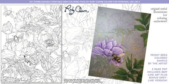 Peony bees downloadable printable pdf by ruby charm colors to print and color adult coloring page honey bee bees peonies flowers