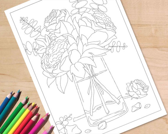 Peony flower coloring page printable floral colouring activity sheet for adults