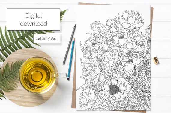 Digital printable coloring sheet for adults with floral theme peony in black and light gray letter and a size pdf png