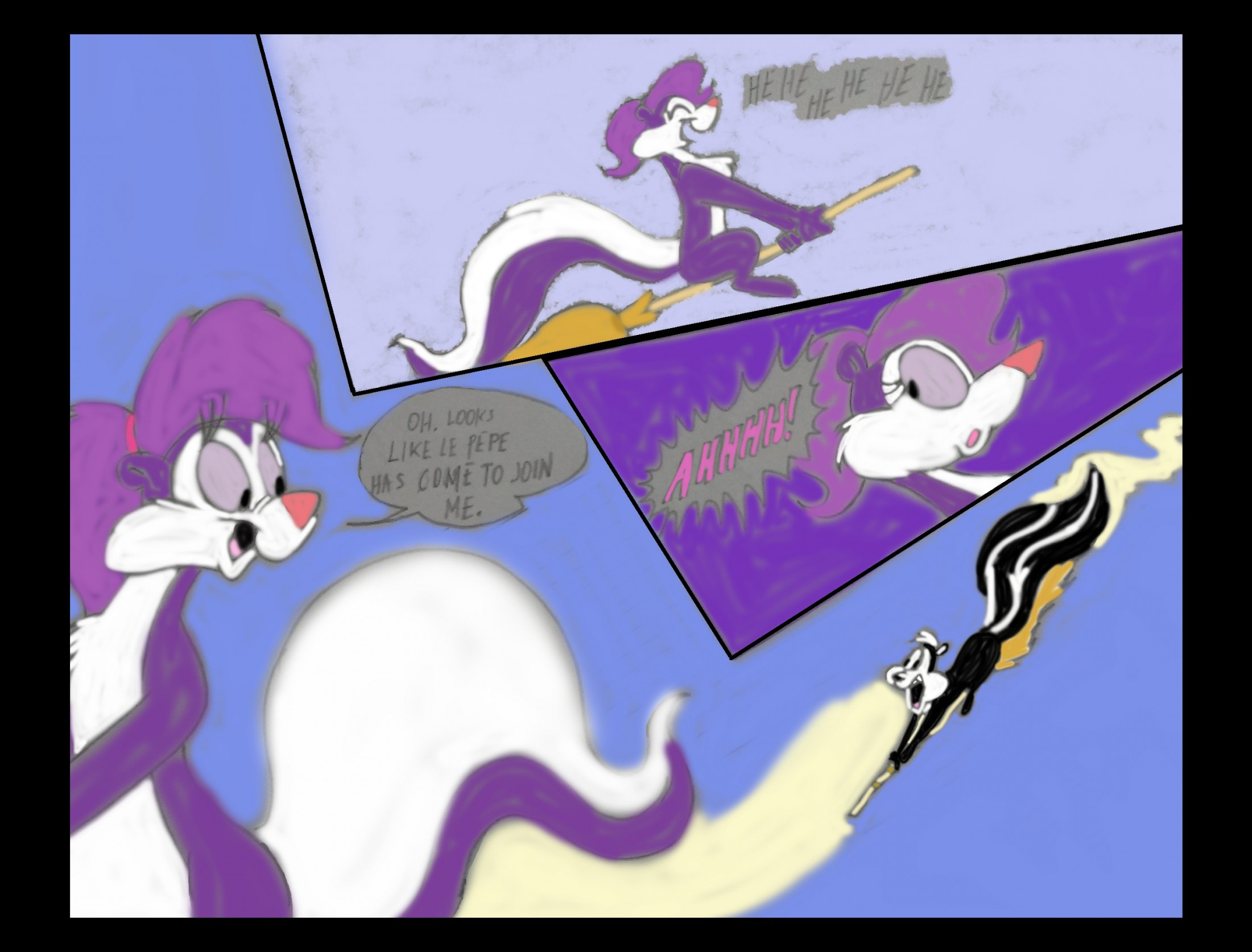 Pepe le pews wild ride on broomie comic page color by mojo