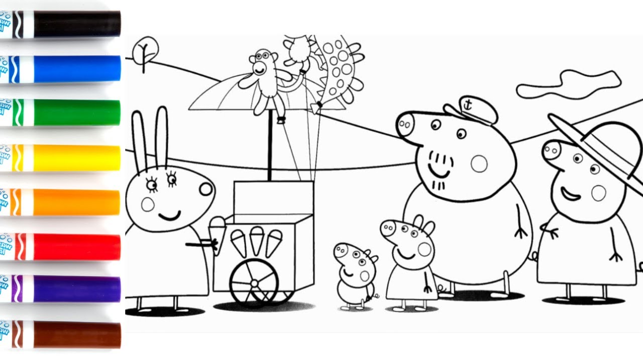 Peppa pig coloring page for toddlers peppa gets ice crea fro srabbit dollar toys for kids