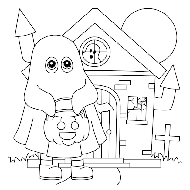 Premium vector ghost trick or treating halloween coloring page