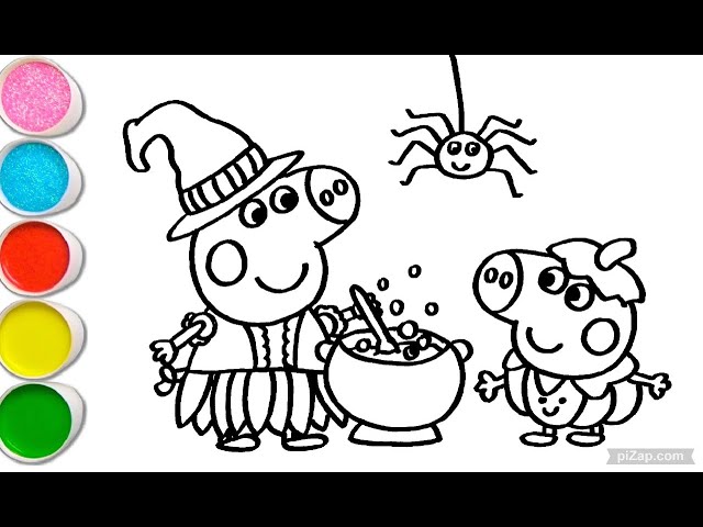 Drawing and coloring peppa pig in witch costume for halloween ð