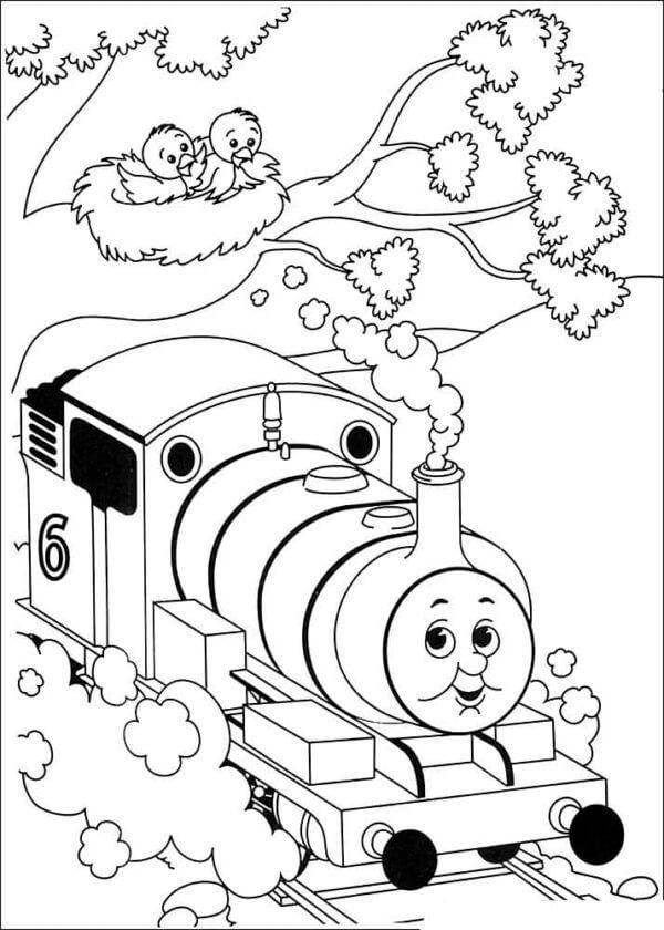 The chicks are happy to see the train coloring page