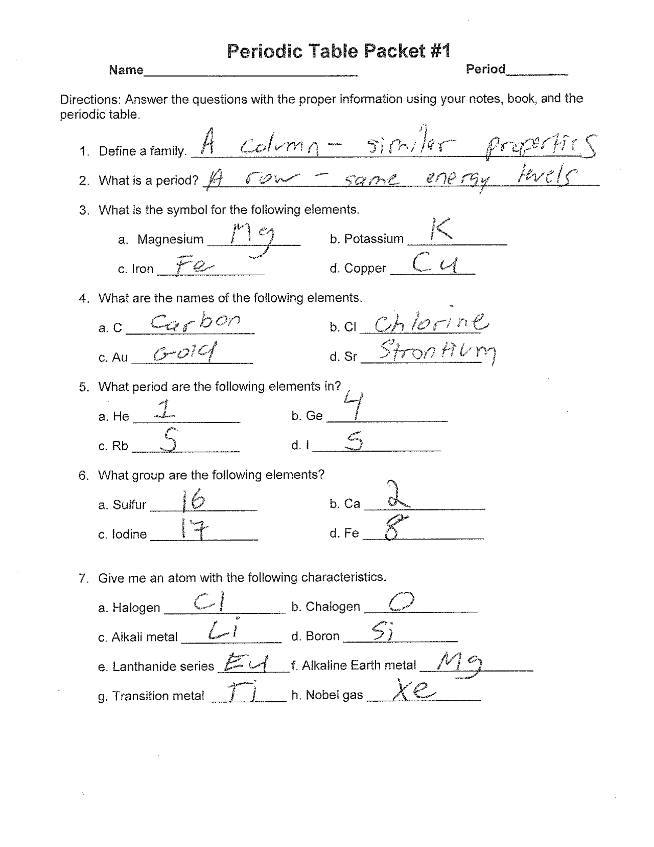 Periodic table worksheet answers key exercises chemistry