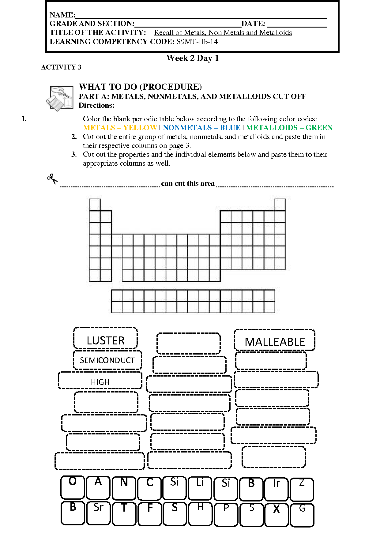 Solution recall of metals non metals and metalloids worksheet