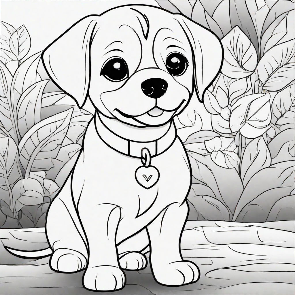 Black and white coloring book outline drawing of a puppy