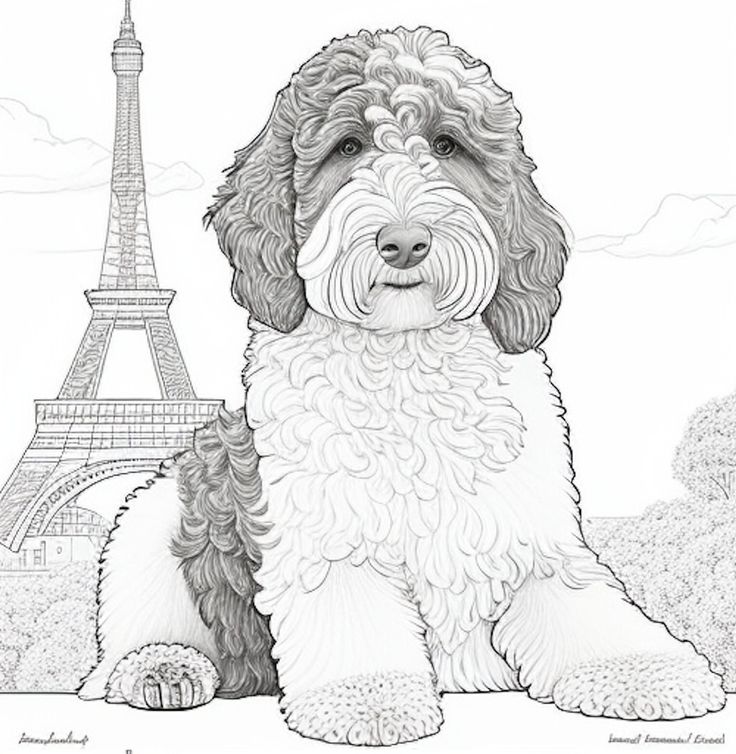 Printable dog coloring book pages bernedoodle in paris