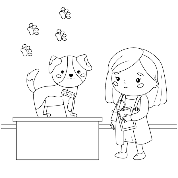 Dibujos animados kawaii veterinario y perro con vendaje parche pãgina para colorear para niãos vector premium