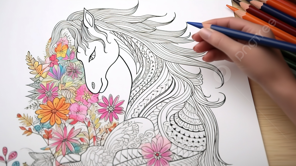 Person coloring a horse using flowers on a background unicorn coloring picture printable background image and wallpaper for free download