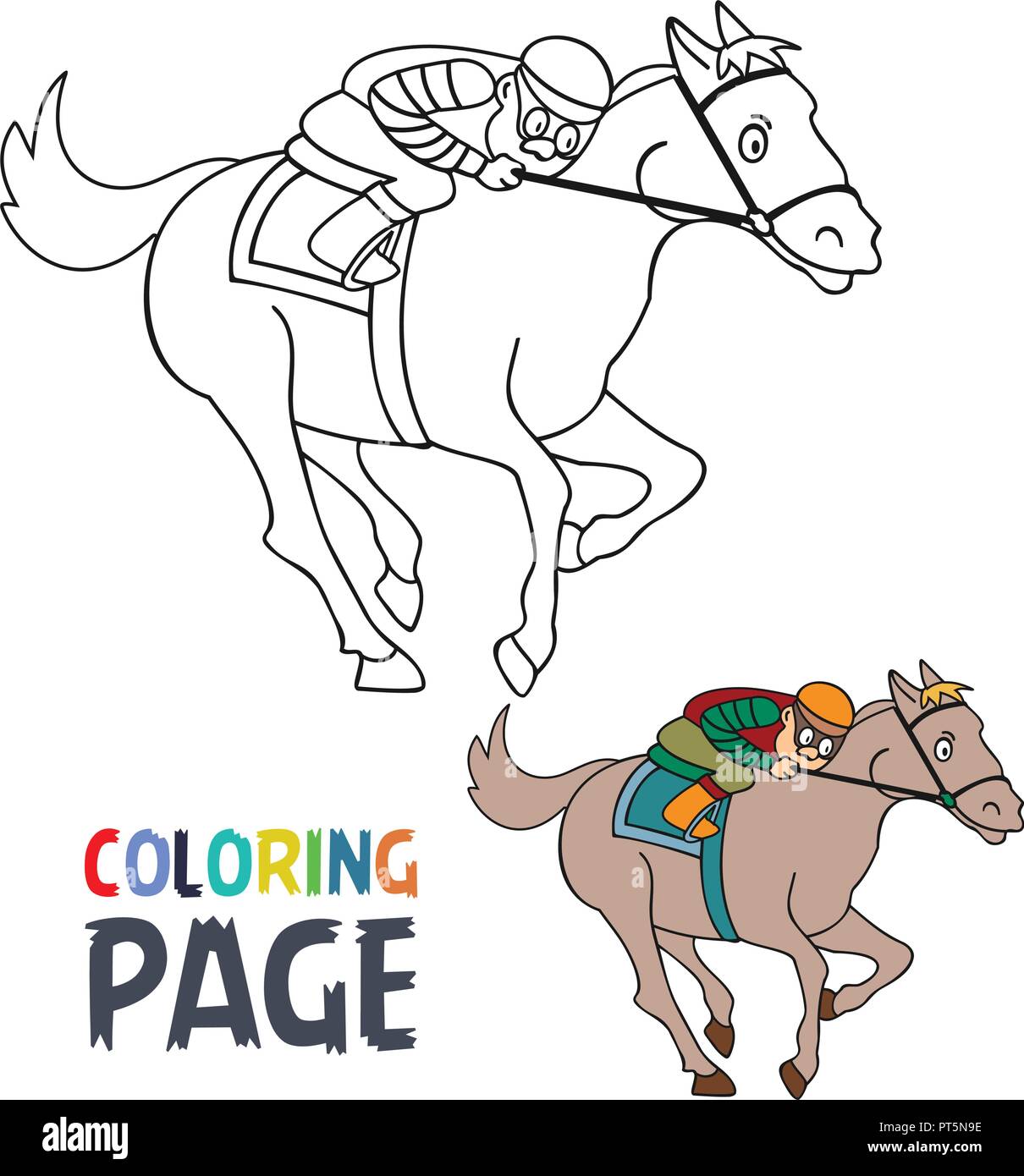 Coloring page with people ridding horse cartoon stock vector image art