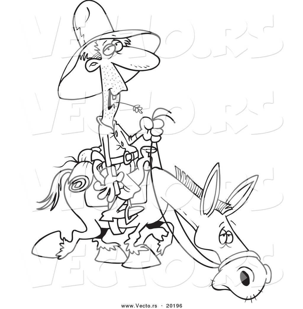 R of a cartoon man chewing on straw and riding a hoe