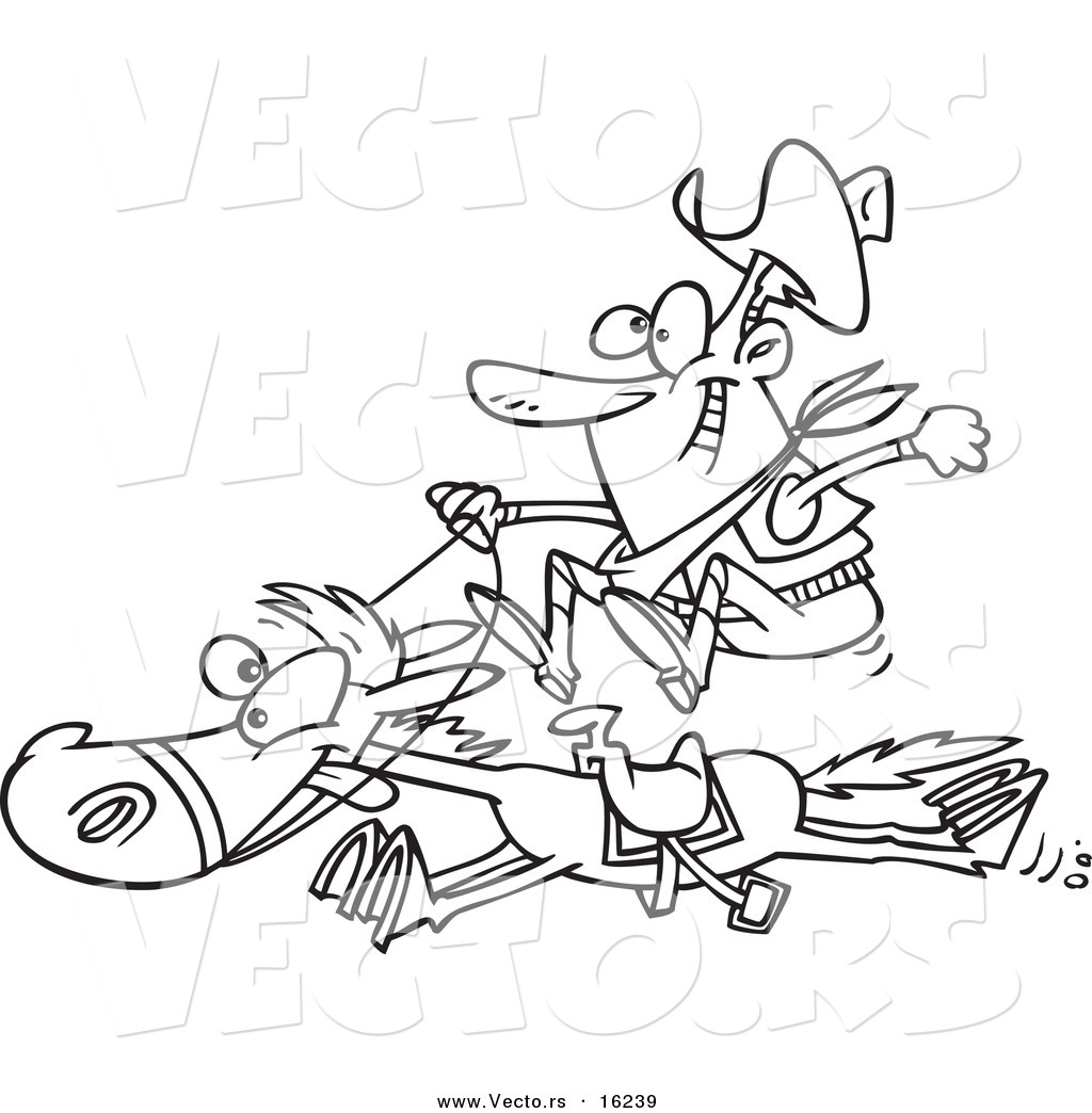 R of a cartoon happy cowboy on a galloping hoe